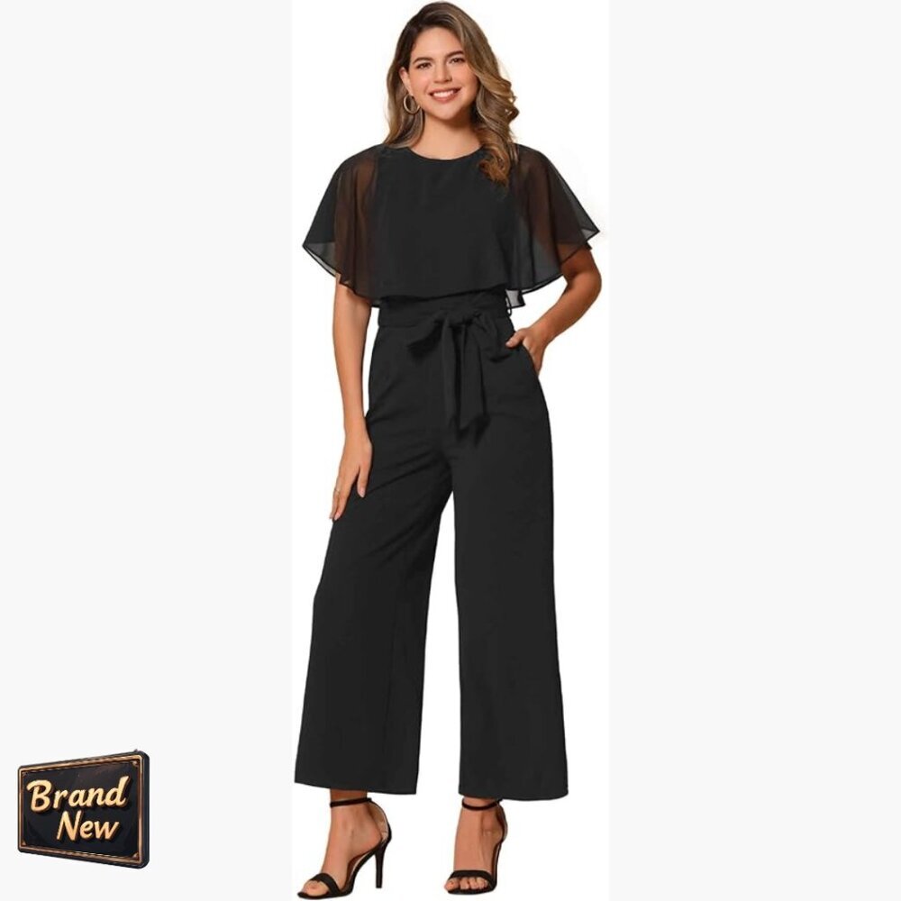 Ruffle Sleeve Jumpsuit with Tie Waist Wide Leg Pants and Pockets XS